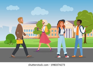 People walk near university campus in city landscape vector illustration. Cartoon cityscape with young student characters talking, walking man teacher holding folder, girl with coffee cup background