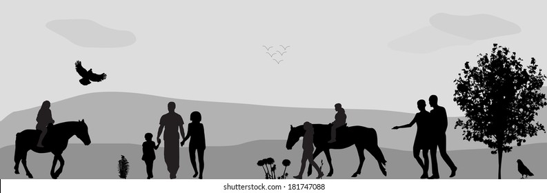 People Walk on, Connie, Birds Fly in Nature. Vector Illustration.