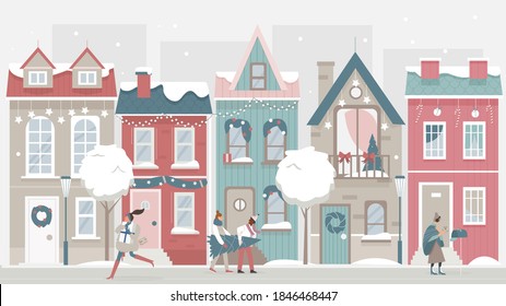 People walk on festive Christmas city street vector illustration. Cartoon urban cityscape with decorated houses, walking man woman characters, holding Christmas tree, gifts and xmas decor background