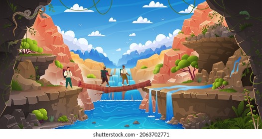 People walk on makeshift log bridge among rocks. . Tourists walk on log lying on stones. Wildlife, nature landscape with waterfall, rocks, tropical plants. Tourist route in mountainous terrain