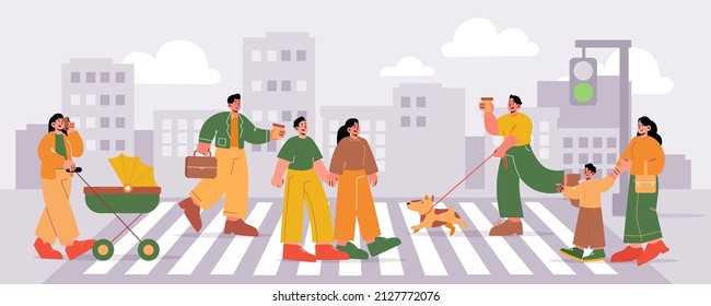 People walk on pedestrian crosswalk. Vector flat illustration of cityscape with car road, traffic light, buildings and characters with dog, baby carriage, kid, businessman and couple