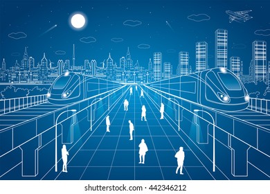People walk on the square, the train going over bridges, night city in the background, office buildings, vector design art