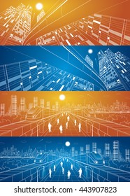 People walk on the square, two train move over bridges, business building, overpass, night city, business buildings, airplane flying, vector design art