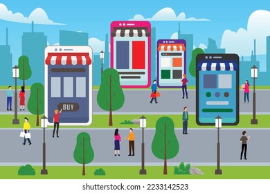 People walk on the street between stores boutiques like mobile phones 2d vector illustration concept for banner, website, illustration, landing page, flyer, etc