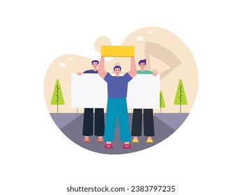 People walk on the street carrying demonstration signs, a protest parade in the city. Character design. Vector flat illustration