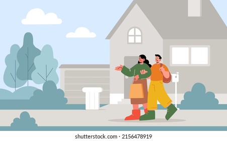 People walk on street. Couple of woman with shopping bag and man with backpack walking together. Vector flat illustration of summer city landscape with house, trees and happy characters