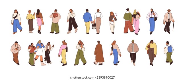 People walk on street set. Diverse characters, pedestrians going on different businesses. Men, women citizens strolling with bag, phone outdoors. Flat vector illustrations isolated on white background