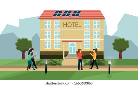 People Walk on Street with Solar Powered Lights Vector Illustration. Building with Solar Panel Batteries on Roof. Electricity from Sun. Alternative Renewable Energy. Green Ecological Technology.