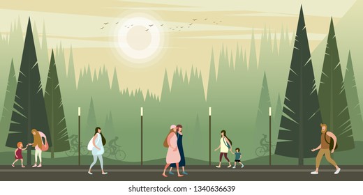 People walk on a warm misty evening in a summer city park. Vector illustration.