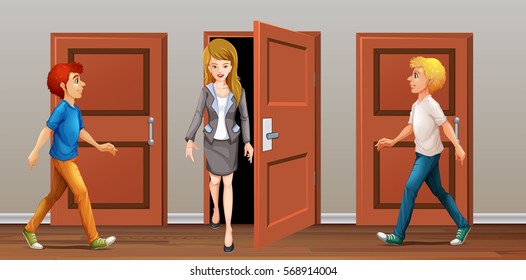 People walk in and out the doors illustration