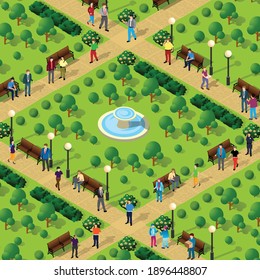 People walk in the park alleys trees city  isometric projection