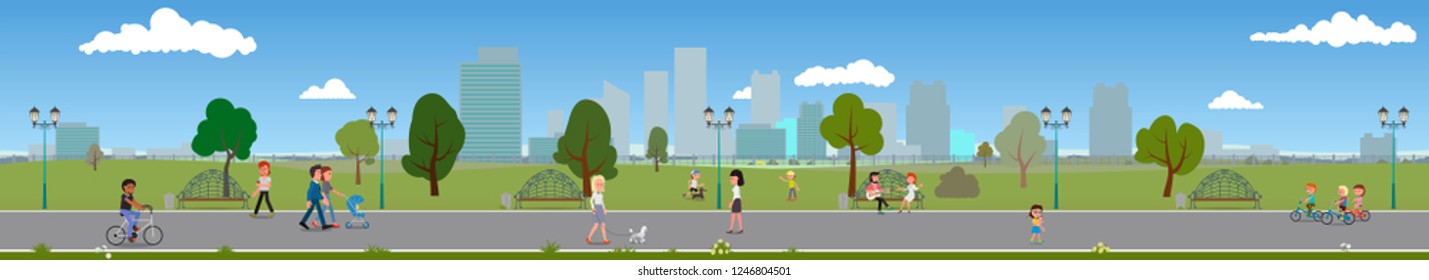 People walk in the park. Long banner. Vector illustration, flat design.