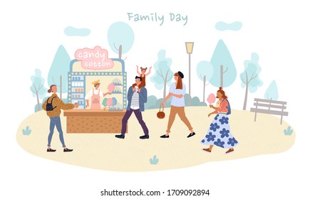 People Walk In Park. Mother Father Holding Daughter Buy Candy Cotton. Saleswoman At Street Shop Give Child Sweet Snack. Student Drink Coffee. Hipster Girl Eat Sugar Dessert. Food Fest, Family Day