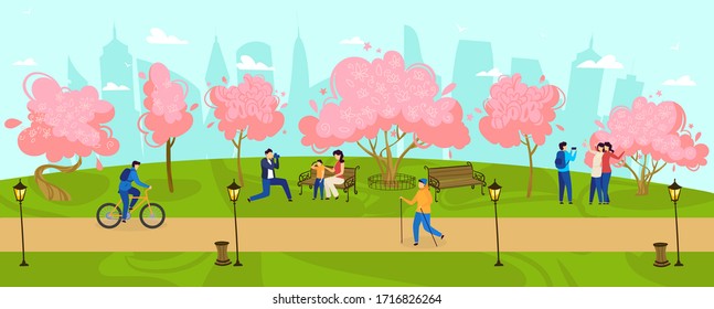 People walk in park spring time, blooming trees outdoor nature, happy family with kids, relaxation vector illustration. City park activities, leisure, young people taking pictures and bicycling.