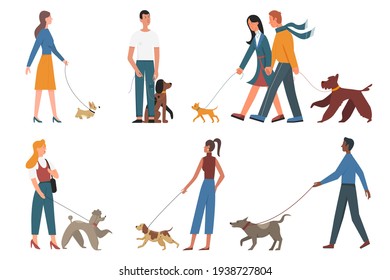 People walk pet dogs of different breeds vector illustration set. Cartoon young man woman owner characters and puppy pets collection, persons walking cute doggy domestic animals isolated on white