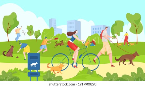 People walk with pets in city park, happy summer outdoors, useful leisure, healthy lifestyle, cartoon style vector illustration. Men and women playing with animals on green lawn, dog walking area,