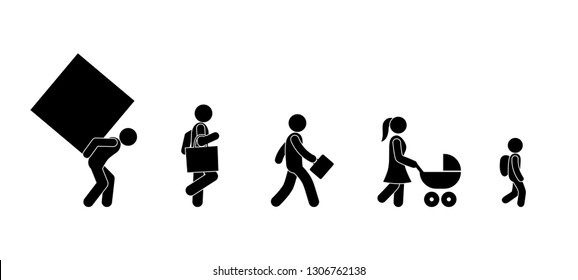 people walk pictogram, stick figure human icon, set of silhouettes of people carrying cargo