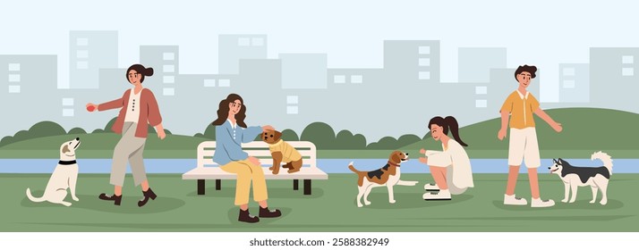 People walk and play with dogs in the city park. Playing with friends and puppy. Playing with animal. People in eco city park. Happy people with dog.