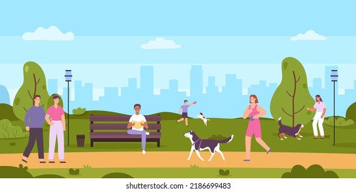 People walk in public park. Cartoon woman running with pet, man sitting on bench and reading book. Couple walking together. Female and male characters playing with dogs vector illustration