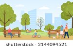 People walk in public park. Family going with children and dog pet eating ice cream. Kid riding bicycle, couple sitting on grass lawn and taking selfie photos. Woman talking on phone vector