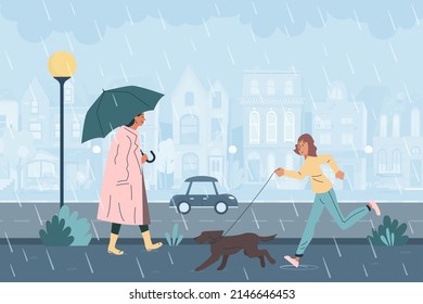 People walk in rain on city street with buildings and lamp. Girl running with dog on leash, woman walking with umbrella on wet road with puddles flat vector illustration. Rainy weather concept
