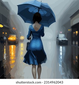 People walk in rain on city street with buildings and lamp. Girl running with dog on leash, woman walking with umbrella on wet road with puddles flat vector illustration. Rainy weather concept