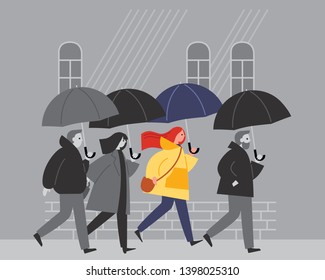 People walk in the rain with umbrellas. Depressive Midseason mood. Gray autumn weather.