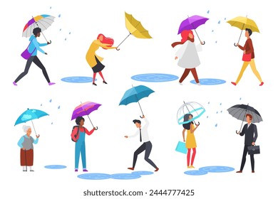 Personas caminan bajo la lluvia con los paraguas puestos. Personajes masculinos y femeninos caminando en Clima lluvioso y tormenta, joven estudiante y anciana de pie, hombre de negocios saltando en charcos Ilustración vectorial de dibujos animados