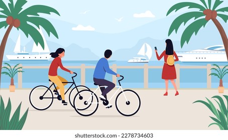People walk, riding bike on sea quay. Vector of sea walk, bike ride journey, yacht and walking seaside, embankment illustration