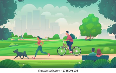 People walk, run and ride a bike in a city park. Active lifestyle in urban environments. Outdoor leisure. Vector illustration in cartoon style
