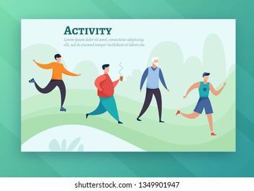 People walk, run and roller skating in the park. Flat cartoon style vector illustration.