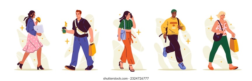 People walk set. Busy employees characters in hurry, running, drinking coffee and talking on phone on run. Young men and women rush to work. Cartoon flat vector collection isolated on white background