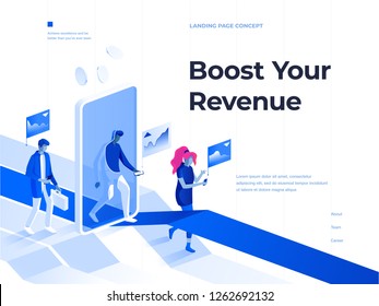 People walk with smartphones and get rewards going through a mobile application screen. Business and Success. 3d isometric vector illustration. Landing page and header concept.