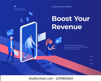 People walk with smartphones and get rewards going through a mobile application screen. Business and Success. 3d isometric vector illustration. Landing page and header concept.