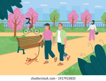 People walk in springtime park flat color vector illustration. Spring season in public city garden. Outdoors recreation. Healthy lifestyle. Happy 2D cartoon characters with cityscape on background