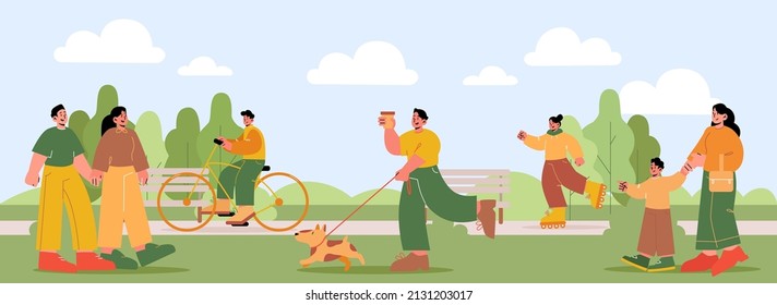 People Walk In Summer Park, Characters Outdoor Activities. Couple Holding Hands, Mother With Kid, Teens Rollerblading, Riding Bicycle, Man Walking With Dog In City Garden, Line Art Vector Illustration