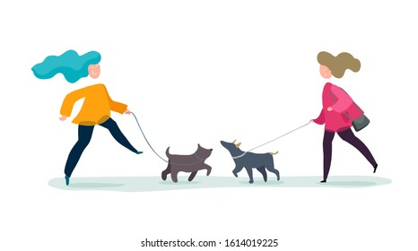 People walk with their dogs. Couple meeting together with pets. Cute vector illustration isolated on white backgroud.