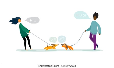 People walk with their dogs. Couple meeting together with pets. Cute vector illustration isolated on white backgroud.