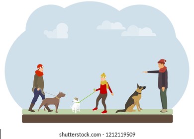 People walk their dogs in the park. People train and walk their dogs against the sky. Flat design, vector illustration, vector.