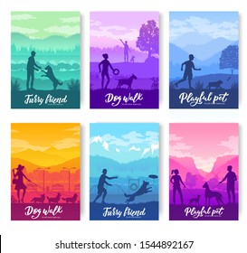 People walk their Pets in the yard brochure cards set. Dogs play with their owner. Template of flyer, magazines, poster, books, invitation banners. Training of dogs cover layout modern page