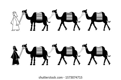 People walk with three camels illustration 