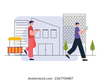 People walk through the city every day, with tall and modern buildings. Character design. Vector flat illustration