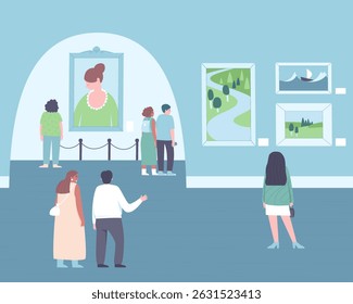 People walk through the halls of the museum looking at the paintings. Exhibition of paintings. Men and women in the museum. Flat vector illustration.