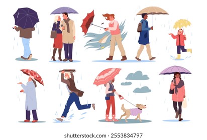 People walk with umbrella in autumn or spring rain set. Young and old characters walking dog and running through puddles, couple standing with parasols, enjoy water drops cartoon vector illustration