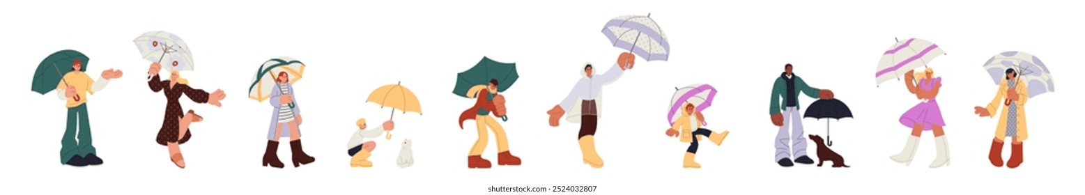 People walk umbrellas. Stormy wet weather. Man in coat. Woman standing in rain. Autumn street. Season shower. Character outdoor under monsoon fall. Dog in puddle. Summer rainfall. Vector persons set