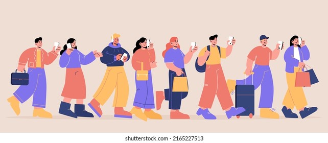 People walk and use mobile phone. Vector flat illustration of men and women characters with bags, suitcase and briefcase hold smartphones, talk and looking on screen