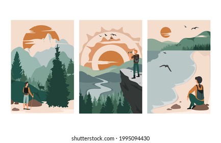 People walk in wild nature alone. Man and woman against the beautiful landscapes. Vector concept colorful illustration of a tourist walking through the forest.