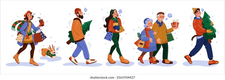 People walk. Winter holiday. Christmas fair. Young woman with festive gift boxes. Happy old couple holding present bags. Man carrying Xmas tree. New Year party celebration. Vector tidy persons set