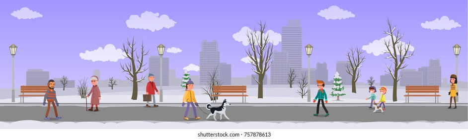 People walk in the winter park. Vector illustration, a flat style design.