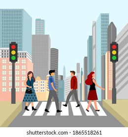 People walking across crosswalk on city street in flat design. Pedestrian crossing road with buildings on background.